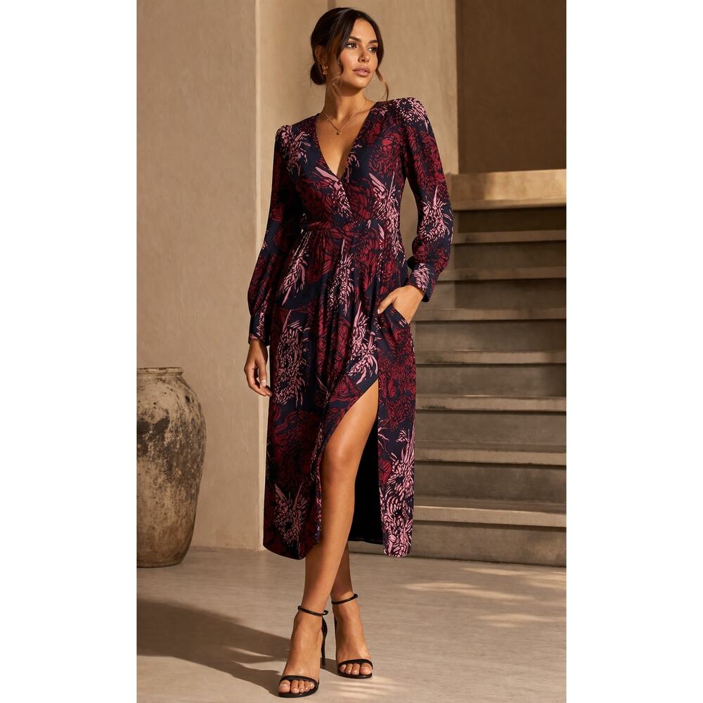 A.L.C. Bailey Silk Dress 0 XS Floral Long Sleeve Midi Side Pockets Skirt Slit